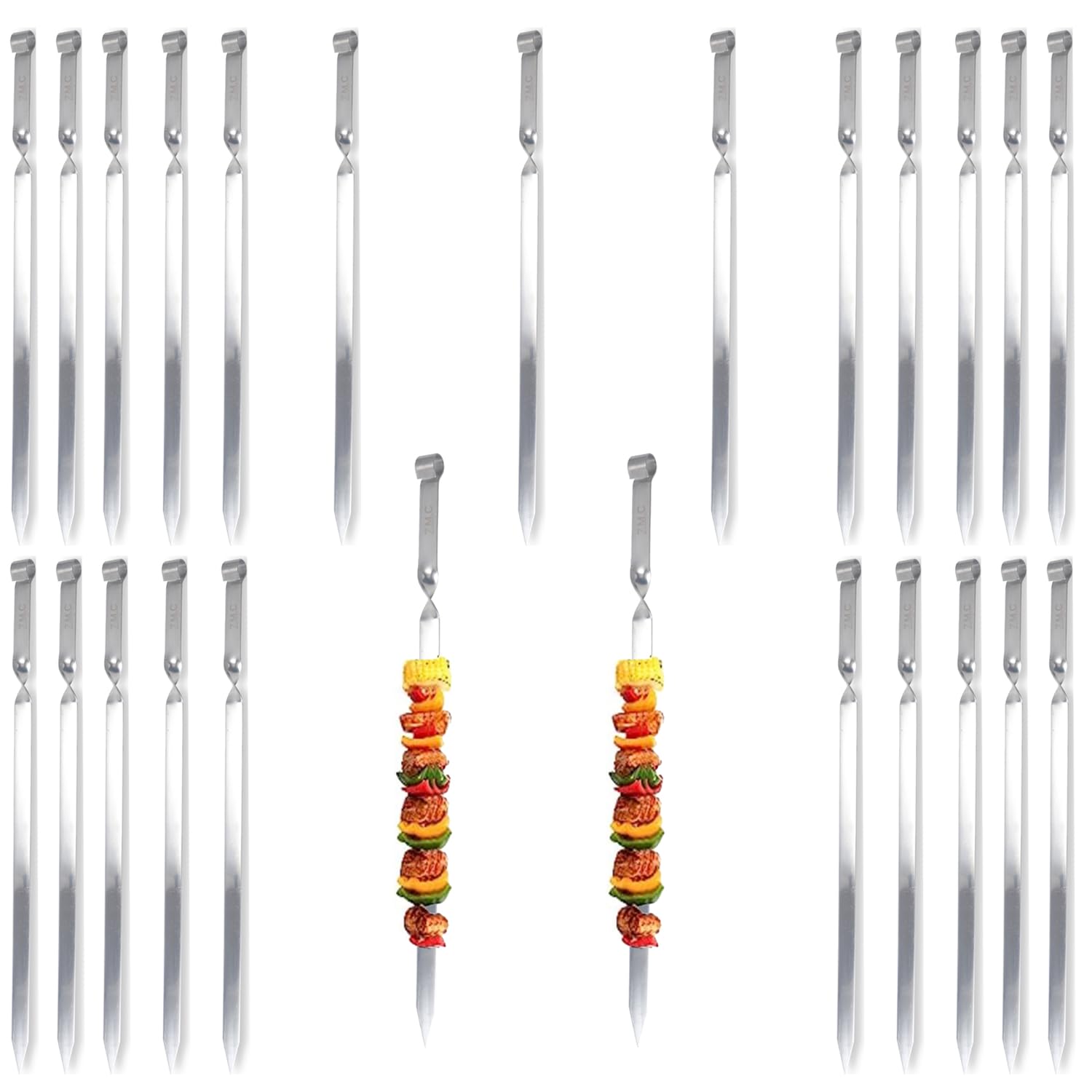 ZMC 25 spiedini per barbecue Kebab da 55 cm, in acciaio inox, 2 cm di larghezza, 2 mm di spessore, spiedini per carne e kebab, antiruggine, piatti e stabili per barbecue, Adana, falò e grandi