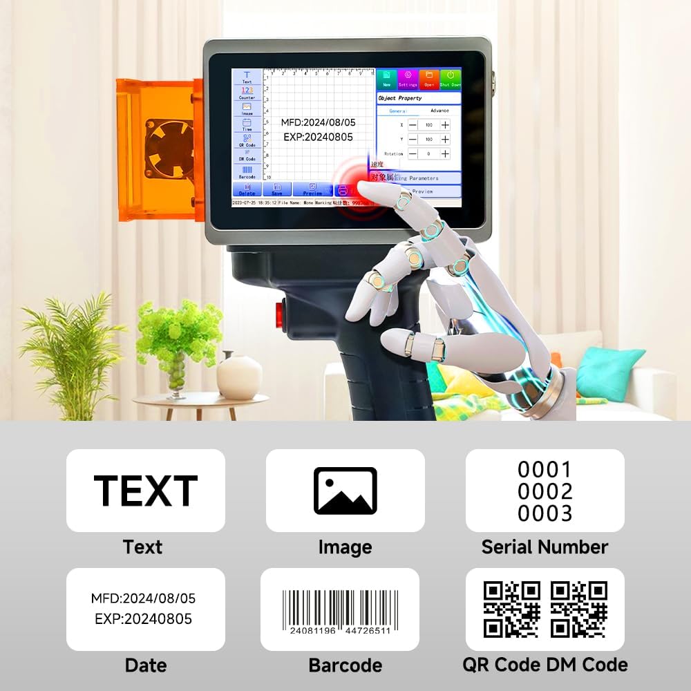 PEKOKO L4Pro screen showing various printing options like text, image, serial number, date, barcode, and QR code.