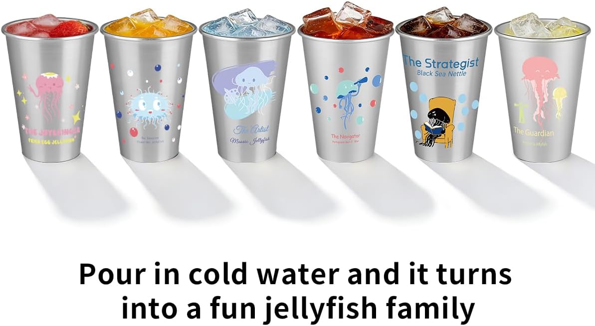 Color Changing Mug Set with Jellyfish Design - 6 Aluminum Thermal Cups for Kids, Cold-Activated Magic Cups for Cold Drinks, Funny Heat Sensitive Gift Set for Family & Home