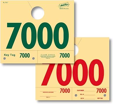 1000 Automotive Service Dispatch Numbers Mirror Hang Tags Numbered 7000-7999 RL78 Style Red Green Service Dispatch Numbers Manilla Card Stock with 1.25 Slotted Hang Cutout | Manila Cardstock, Green/Red Status Design, Slotted Hang Cutout