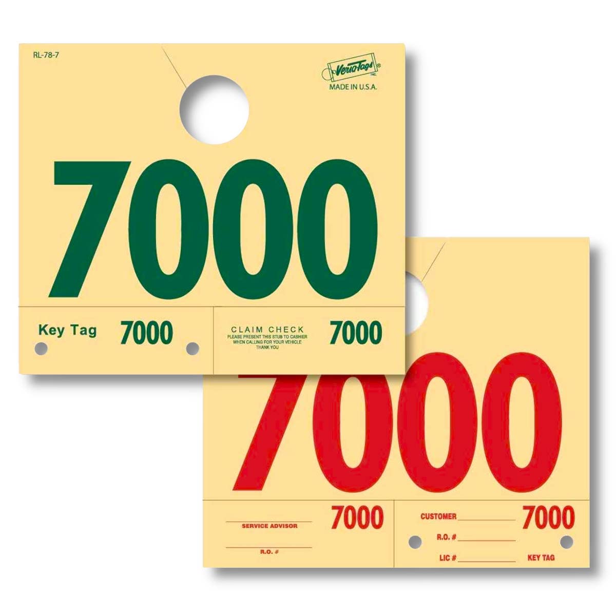 Versa-Tags Service Dispatch Numbers - Numbered 7000-7999 - Manilla/Green/Red - RL78 Mirror Hang Tags (Box of 1000)