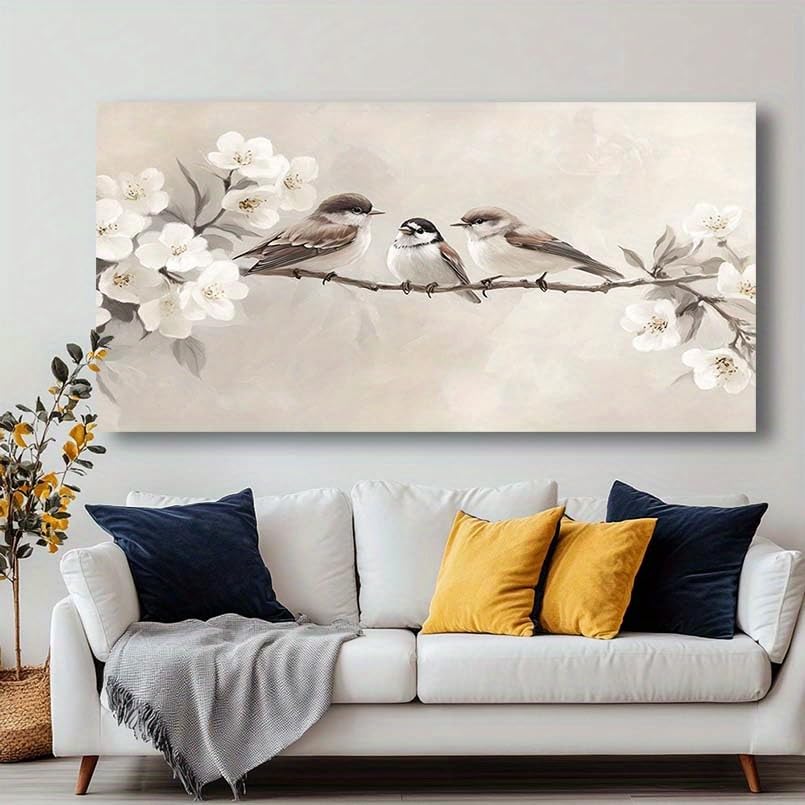 Tableau toile oiseaux sur fleurs encadré pour une élégance durable