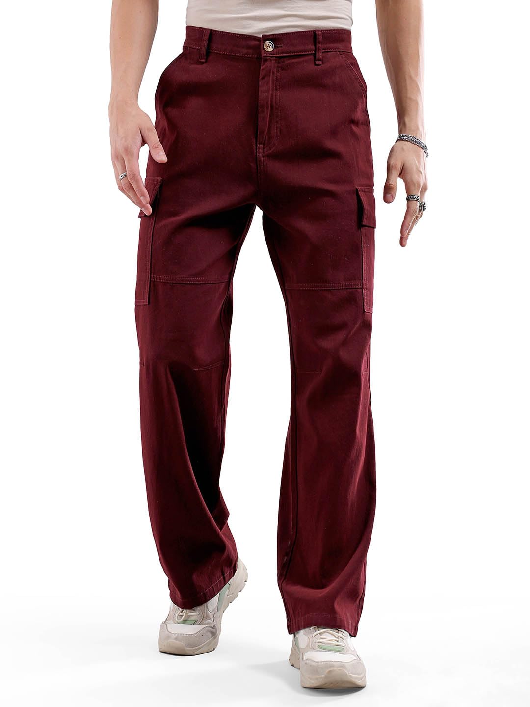Men Mid Rise Relaxed Fit Solid Mid-Rise Stretchable Cargos-image-16