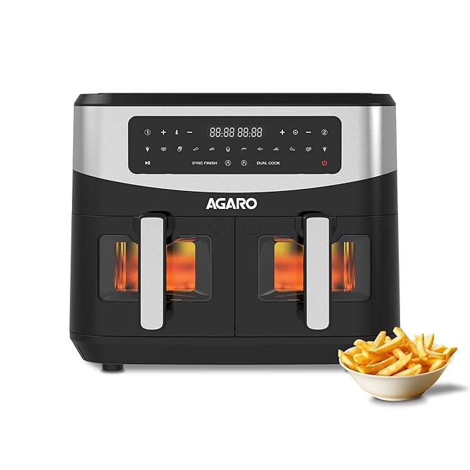 AGARO Imperial Dual Basket Digital Air Fryer, Independent 4.5L Basket, 10 Preset Cooking Modes, 360 degree Air Circulation, Convection, Digital Touch Display, 2400W, Bake, Roast, Toast & Dehydrate, Black