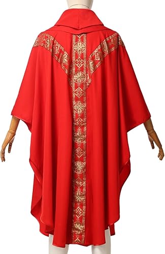 Miniatura 6 de ANDHOM Vestimenta de iglesia para sacerdotes católicos, ropa de misa de casulla y bata de cuello redondo con estola de pastor, Rojo -