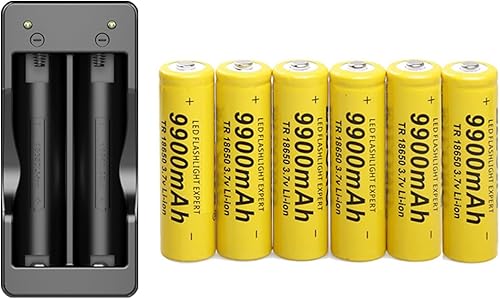 6 piezas de batería recargable de 9900mAh 18660 de 3.7V y cargador de baterías USB de 2 bahías adecuado para linternas de 18650, lámparas frontales,