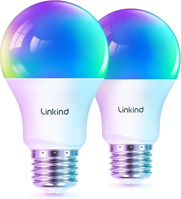 Linkind Matter Smart Light Bulb, Smart Bulbs Work with Apple Home/Siri/Alexa/Google Home, RGBTW Color Changing Bulbs Music Sync, A19 E26 60W 800LM, 2.4Ghz WiFi Only, 2 Pack