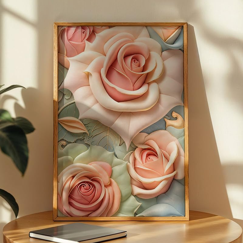 Image of NoWorries 3D Rose Floral Wall Painting with Frame Set of 1 | Premium Textured Pastel Flower Artwork, Luxury Botanical Nature Wall Decor for Living Room, Bedroom, Office and Home Decoration (3d Art-2,21x31inch)