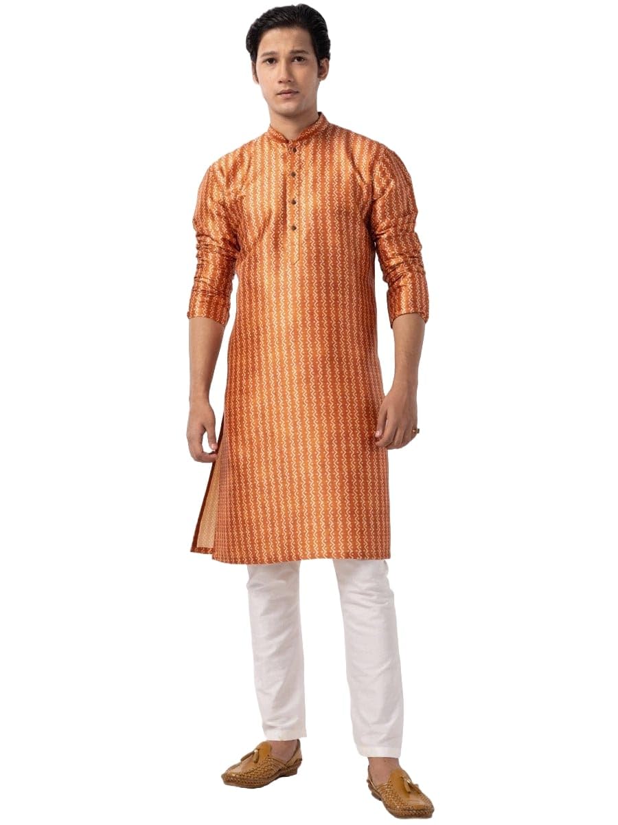 Lookmark Men's Cotton Blend Printed Long Kurta Suitable For All Indian Wedding, Occasions, And Festivals (Az-Lm-Og-Kurta 16-L) Orange