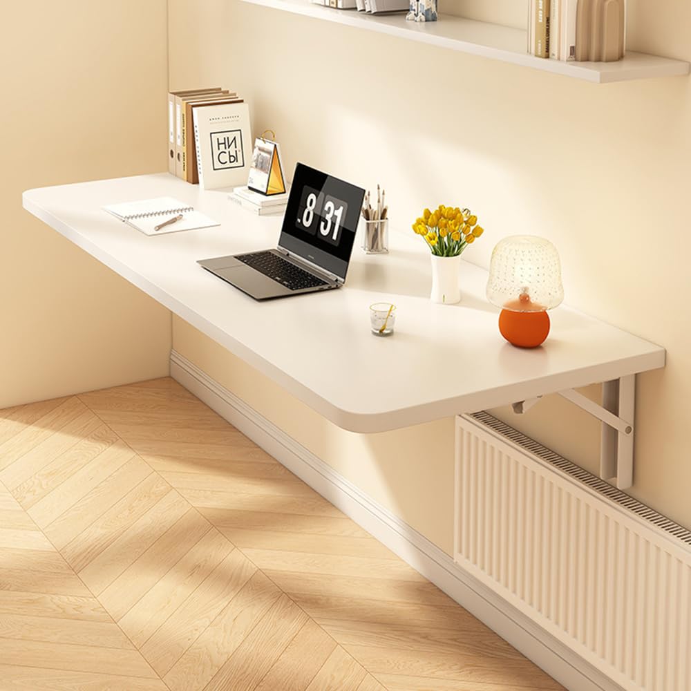 Wall Mounted Desk Folding Desk, Wooden Foldable Breakfast Bar Table, Space Saving Floating Hanging Laptop Desk For Bedroom, Office, Balcony, Small Spaces (White, 80x40cm)