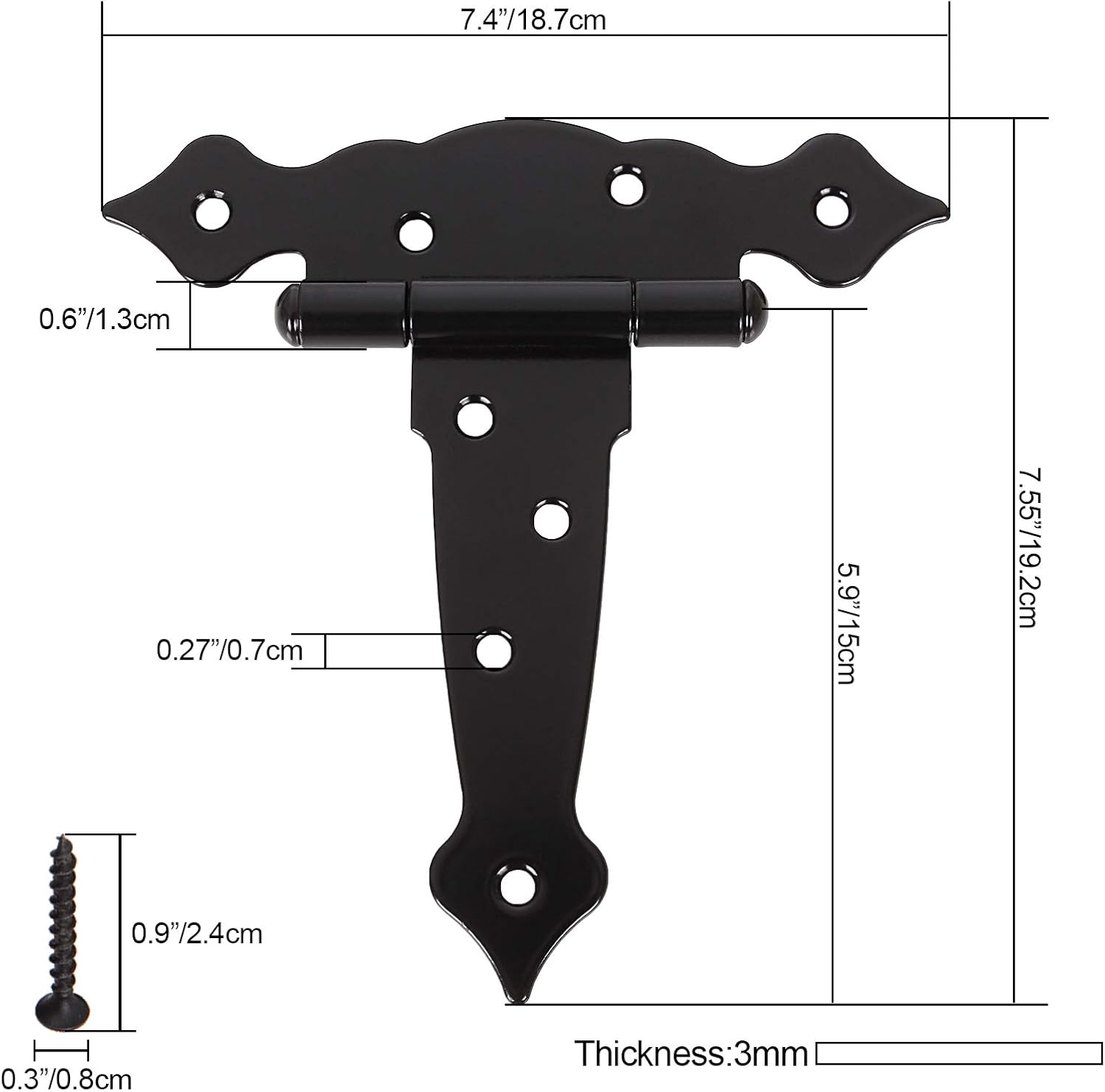 4PCS 7-1/2 Inch Tee Hinges, Heavy Duty Gate Hinges, Black T Strap Hinges for Wooden Barn Doors, T Shape Hinge Classic Shed Door Hinge Hardware for Wood Fence Swing Gate Window, with Screws