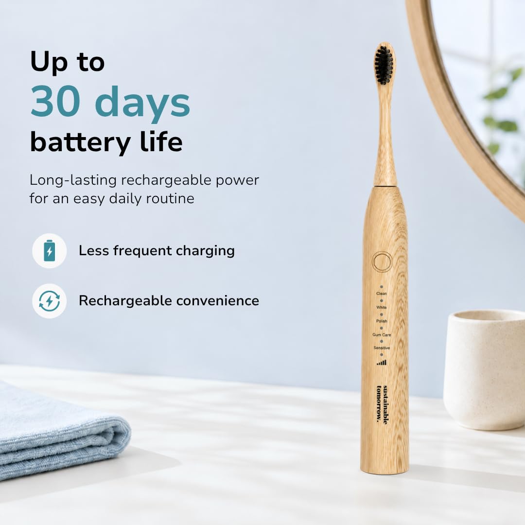 Sustainable Tomorrow Zen Bamboo Spazzolino da denti elettrico per adulti, ricaricabile con setole morbide a base vegetale, teste in bambù, 5 modalità e batteria a lunga durata, regalo di Natale ideale