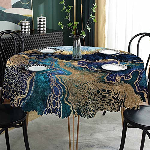 Aoyego Marble Blue Table Cloth Stone Wavy Textures Liquid Paint Gold Foil Luxury Art Round Tablecloth 60 Inch For Dining Room, Party, Banquet #TOP1