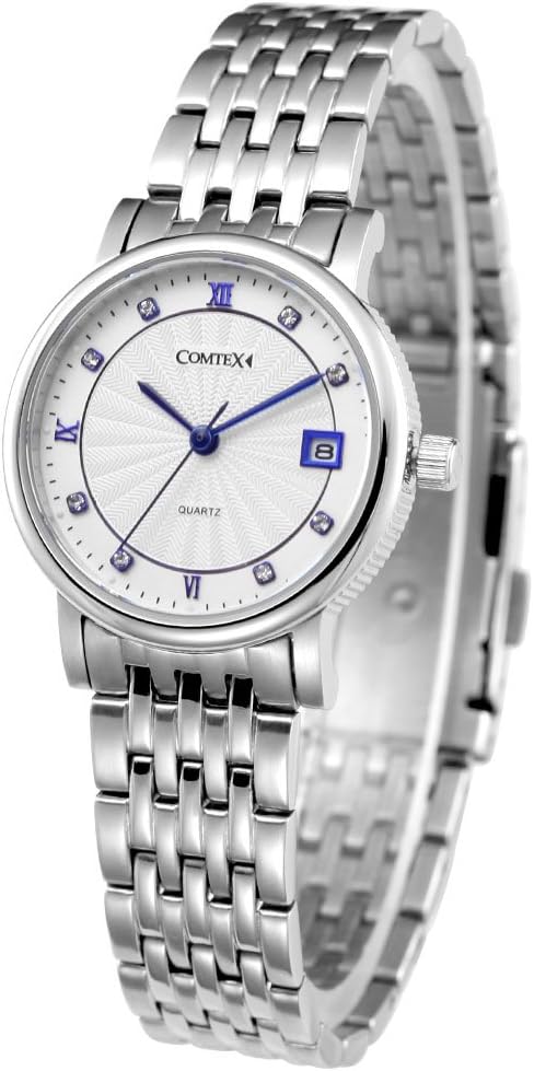 COMTEX Ladies Watch White Dial Analogue Display with Stainless Steel Wrist Watch Calendar