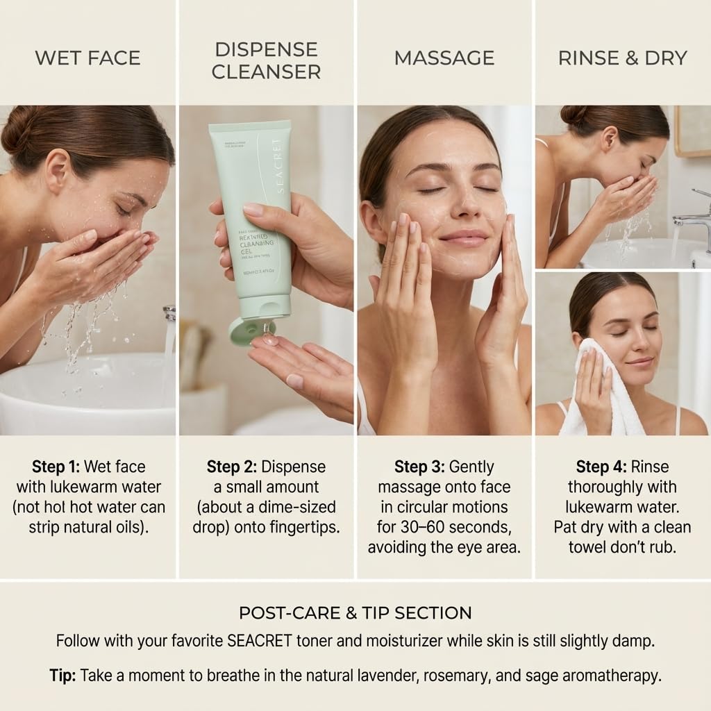 SEACRET Dead Sea Reviving Cleansing Gel - Gentle Facial Cleanser with Fruit AHAs & Minerals, Hydrating Foaming Face Wash, Naturally Scented with Lavender & Sage, All Skin Types, 3.4 fl oz - Image 4