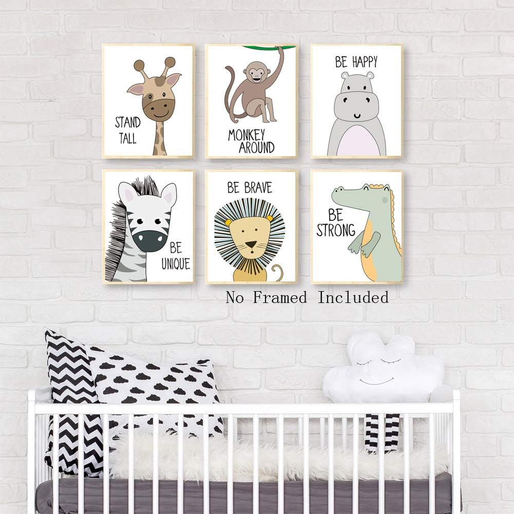 KAIRNE Cartoon animals Art Print, Giraffe Lion Zebra Monkey Forest Animals With Motivational Quote Saying Wall Poster Painting,Set Of 6(8”X10”,Unframed Nursery Wall Art