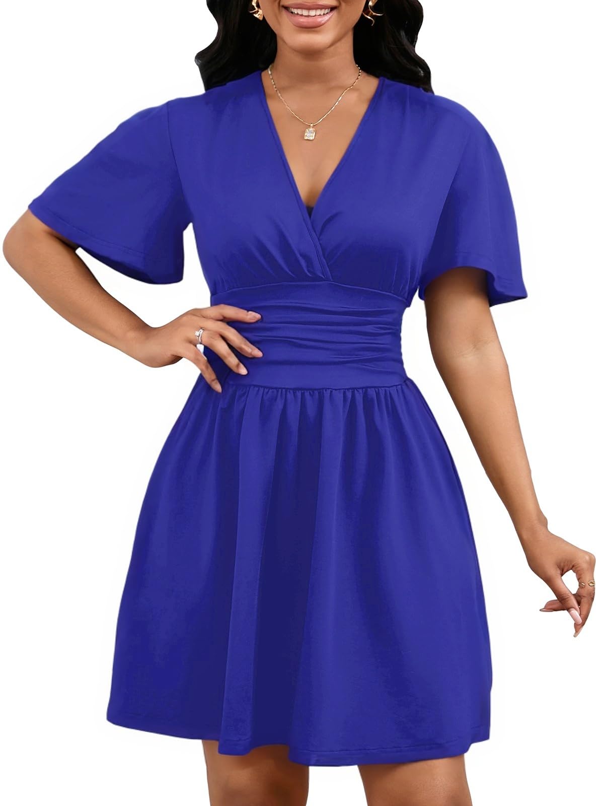 Yajedo Vestido de verano para mujer, sexy, cuello en V profundo, manga corta, lazo en la cintura, vestido corto de playa