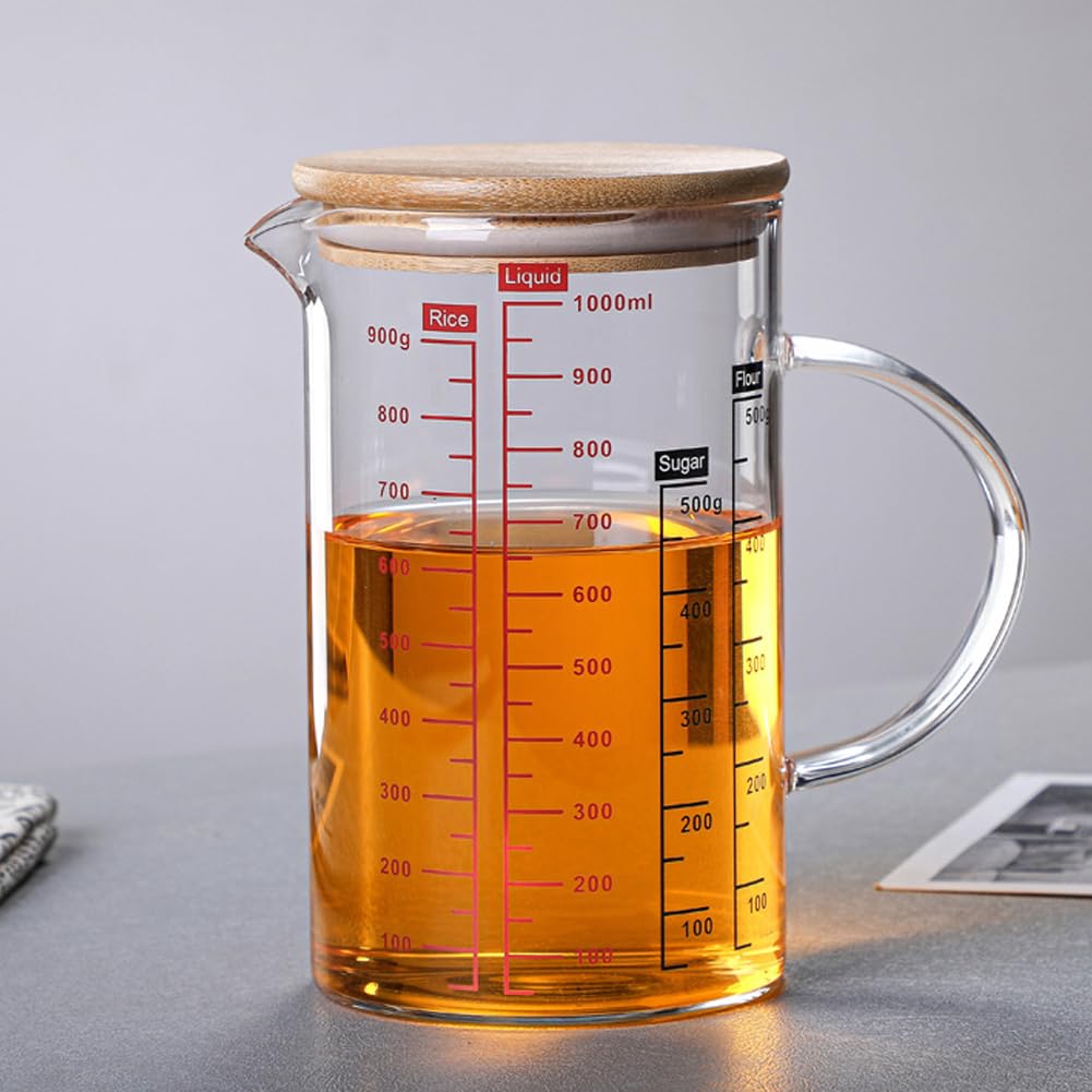 Messbecher Aus Glas 1000ml Mit Bambusdeckel – Hitzebeständig, Präzise Skala, Ideal Zum Backen & Kochen