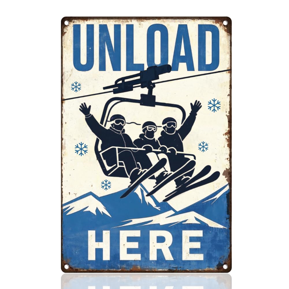 DOODLREAM Ski Lift Unload Here Tin Sign 20 x 30 cm Wall Decor Metal Sign Vintage Wall Poster for Ski Resorts Man Cave Home Cafe Shed Bar Decor Gift