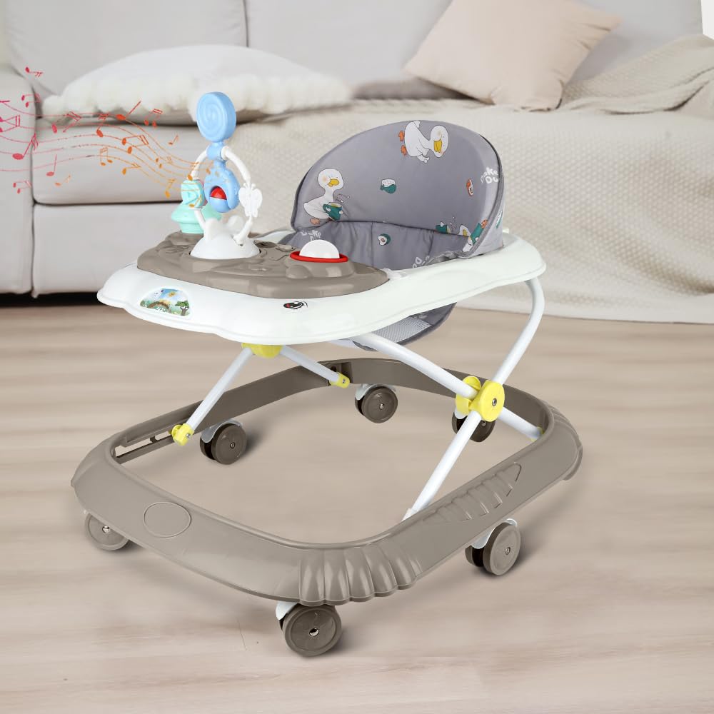 Girello Bambino Primi Passi per Bambini da 6 Mesi a 15 kg, Regolabile in Altezza, girello pieghevole per bambini con vassoio di gioco interattivo con suoni, 67 * 72 * 92cm - Cachi (B)