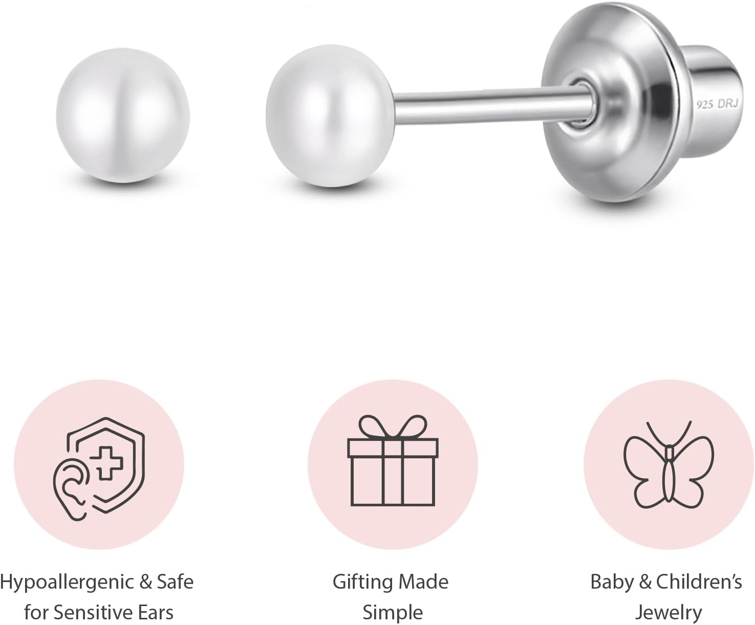 Pearl Screw Back Stud Earrings for Baby, Toddler, Girls | Hypoallergenic 925 Sterling Silver Screwback Safety Earrings | Simulated Pearl Studs for Sensitive Ears | Keepsake Gift for Birthdays Holidays Special Occasions