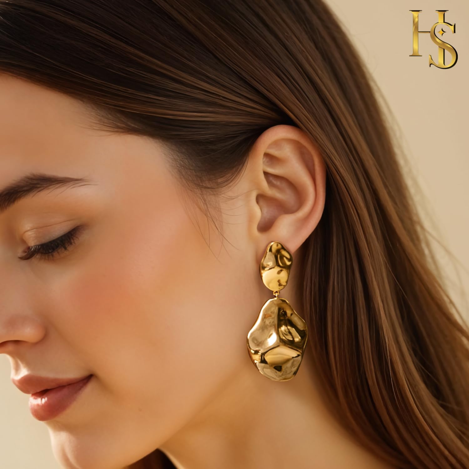 HighSpark Teardrop Dangle Earrings for Women | 18k Gold Plated Statement Hammered Textured Earrings | Jewelry Gift - Image 5