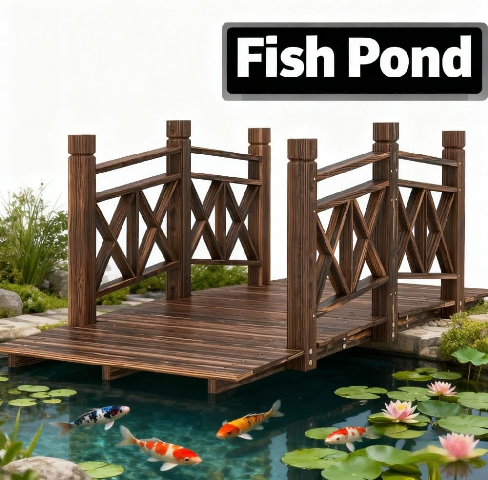 Wooden Garden Bridge with Handrails, Natural Wood, 59.1 x 26.4 x 22 Inches, for Backyard Ponds, Creeks, Streams, Water-Resistant Fir Wood (Carbon Black)