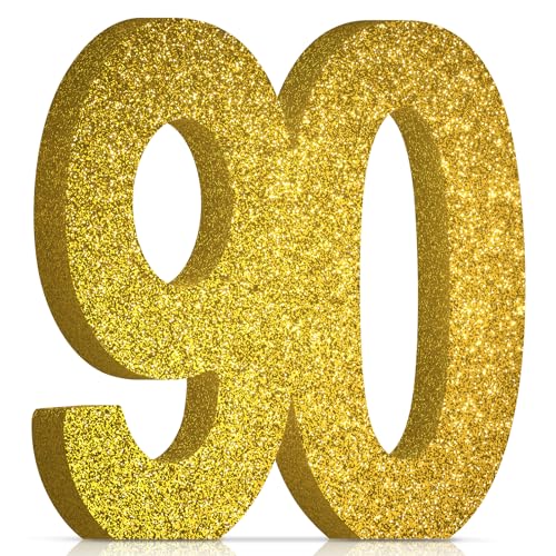 Dekoration zum 90. Geburtstag für Männer und Frauen, Dekoration zum 90. Hochzeitstag, goldfarbener Glitzer, Tischdekoration zum 90. Geburtstag, Tischdekoration