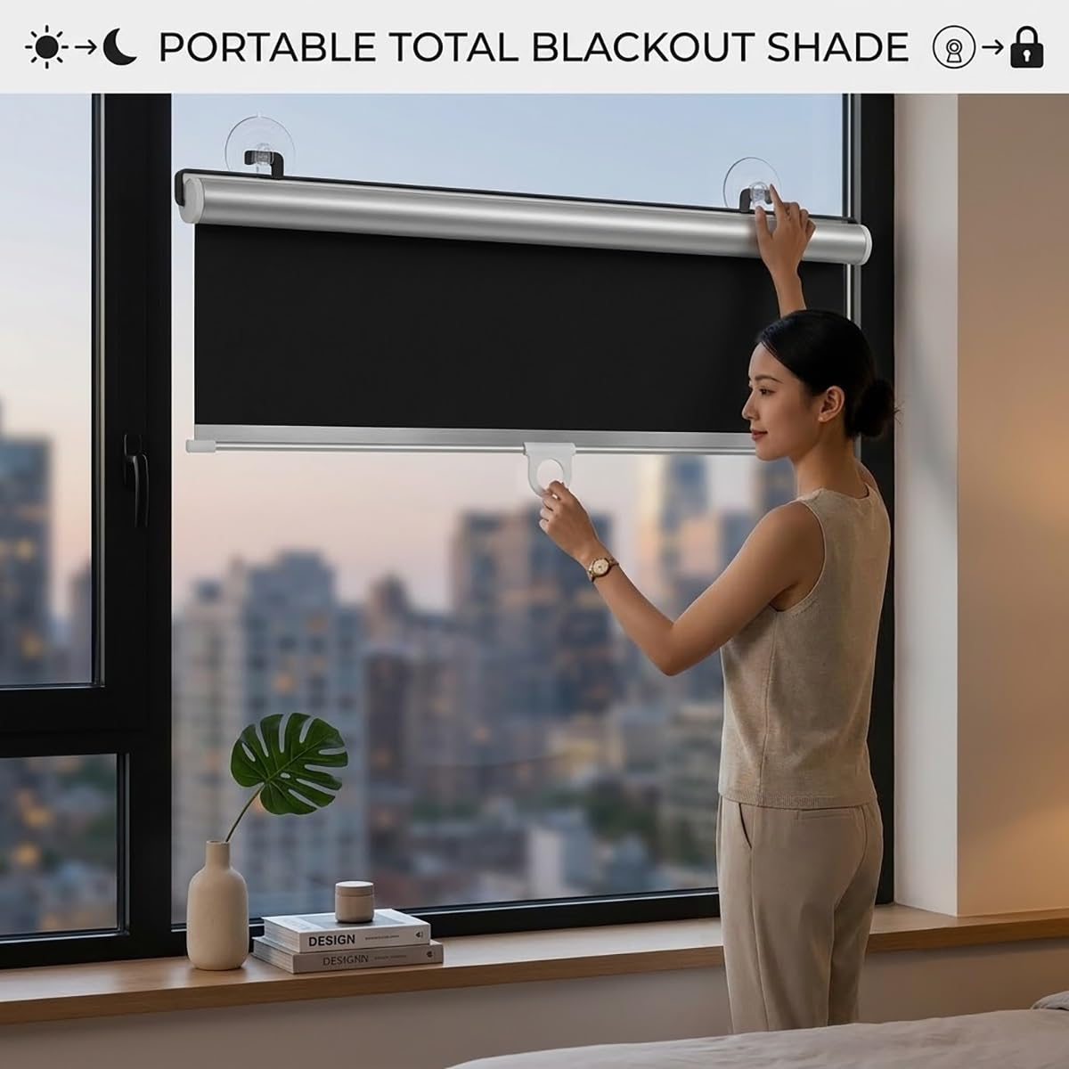 Estor Enrollable Opaco Sin Taladrar, Persiana Enrollable con Ventosa, Cortinas Blackout Protección UV, Estores Temporales Portátiles, para Ventanas Cocina Oficina y Coche(75 A x 80 H cm)
