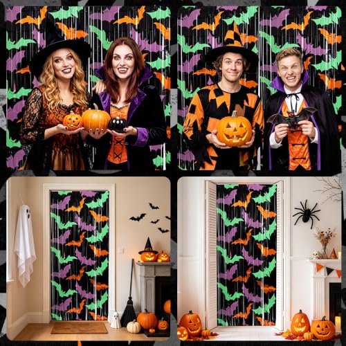 Image of TONIFUL 2Pcs Black Bat Metallic Tinsel Foil Fringe Curtain Door Streamers | 3.3ftx6.6ft Photo Booth Curtain Backdrop with Green Purple Orange Bat Print for Halloween Spooky Birthday Party Decorations