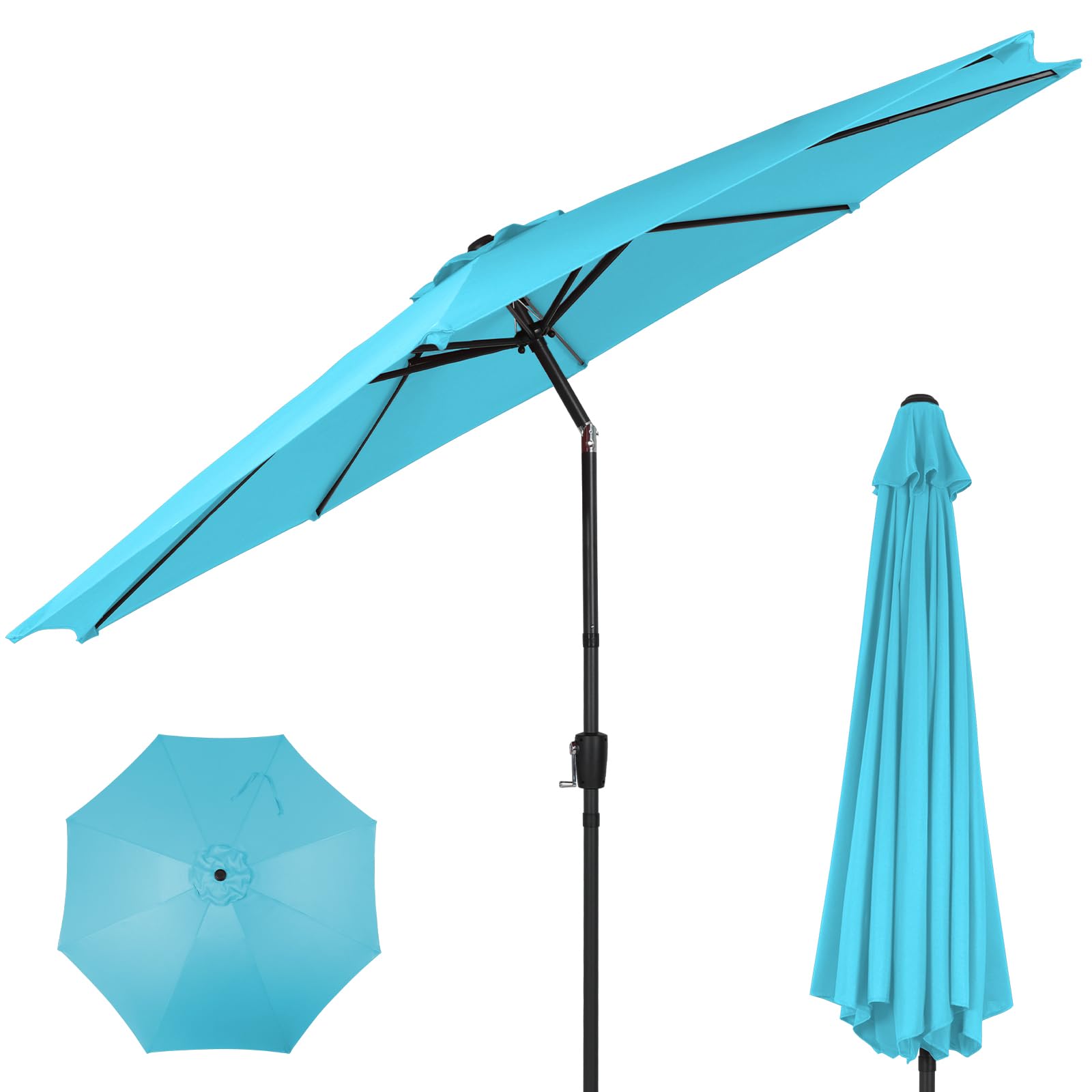 ZealWe Garden Parasol 3m Umbrella Outdoor Sun Shade with Tilt Crank Handle and 8 Ribs for Patio Beach Pool Lawn Backyard Deck, Sky Blue