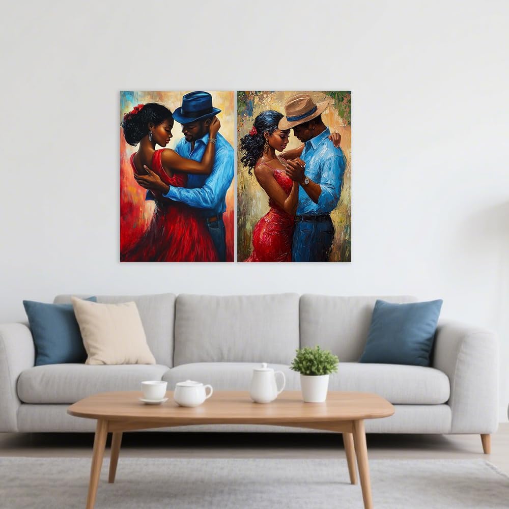 QIXIANG African American Wall Art Set 2 Black and Red Romantic Couple Paintings Black Love Picture for Wall Valentine's Day Decorations Framed(24.00" x 36.00"x2Pcs)