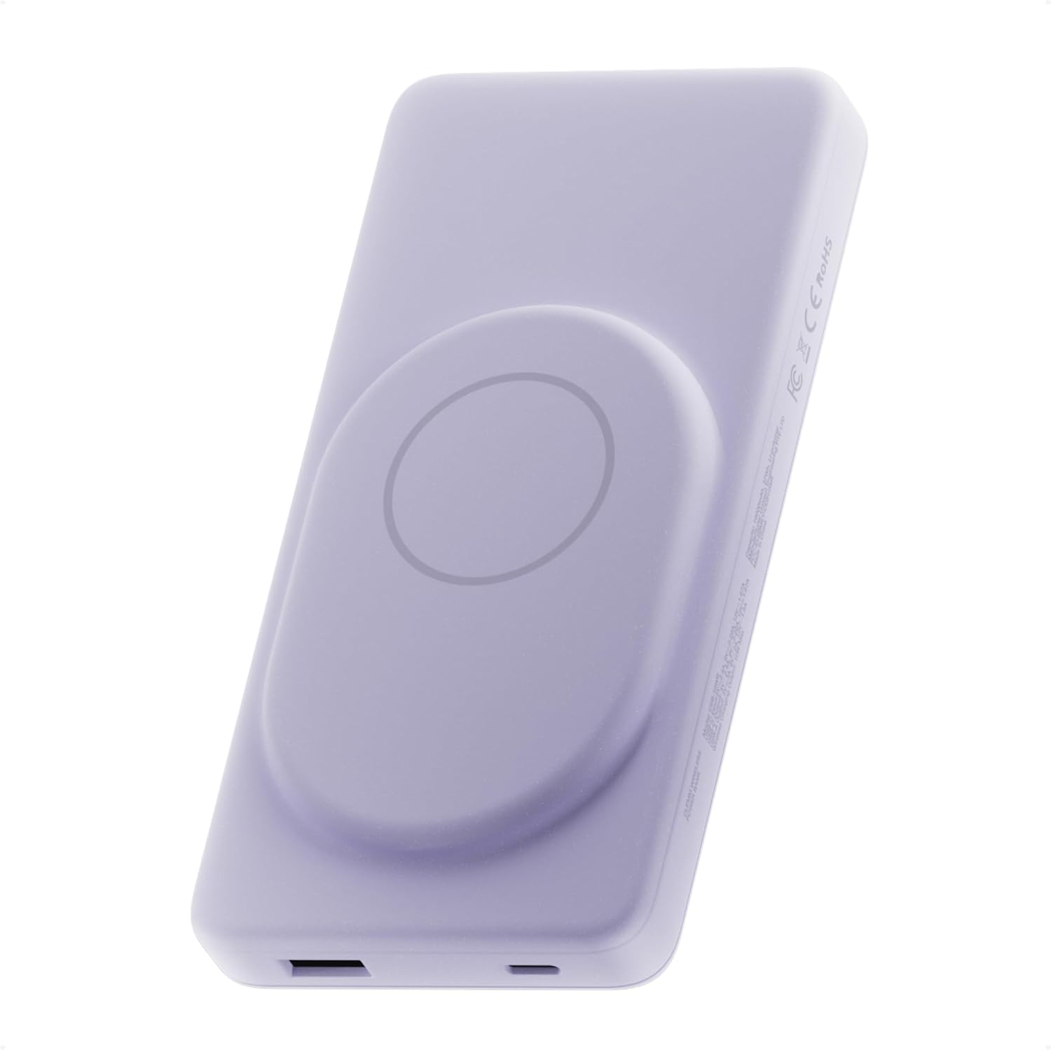 Clemm Portable 10000 mAh Wireless Power Bank, Travel Essential, Quick Charging for iPhone 16/15/14/13/12/11/X, Samsung Galaxy, iPad, Google Pixel & More - USB-C × 1 & USB-A × 1, Lavender