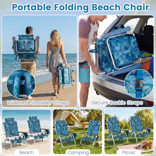 Image of Giantex Folding Beach Chair, Patio Sling Chairs with 5 Adjustable Position, Head Pillow, Storage Bag, Towel Bar, Cup Holders, Backpack Chairs for Sunbathing, Camping Chair