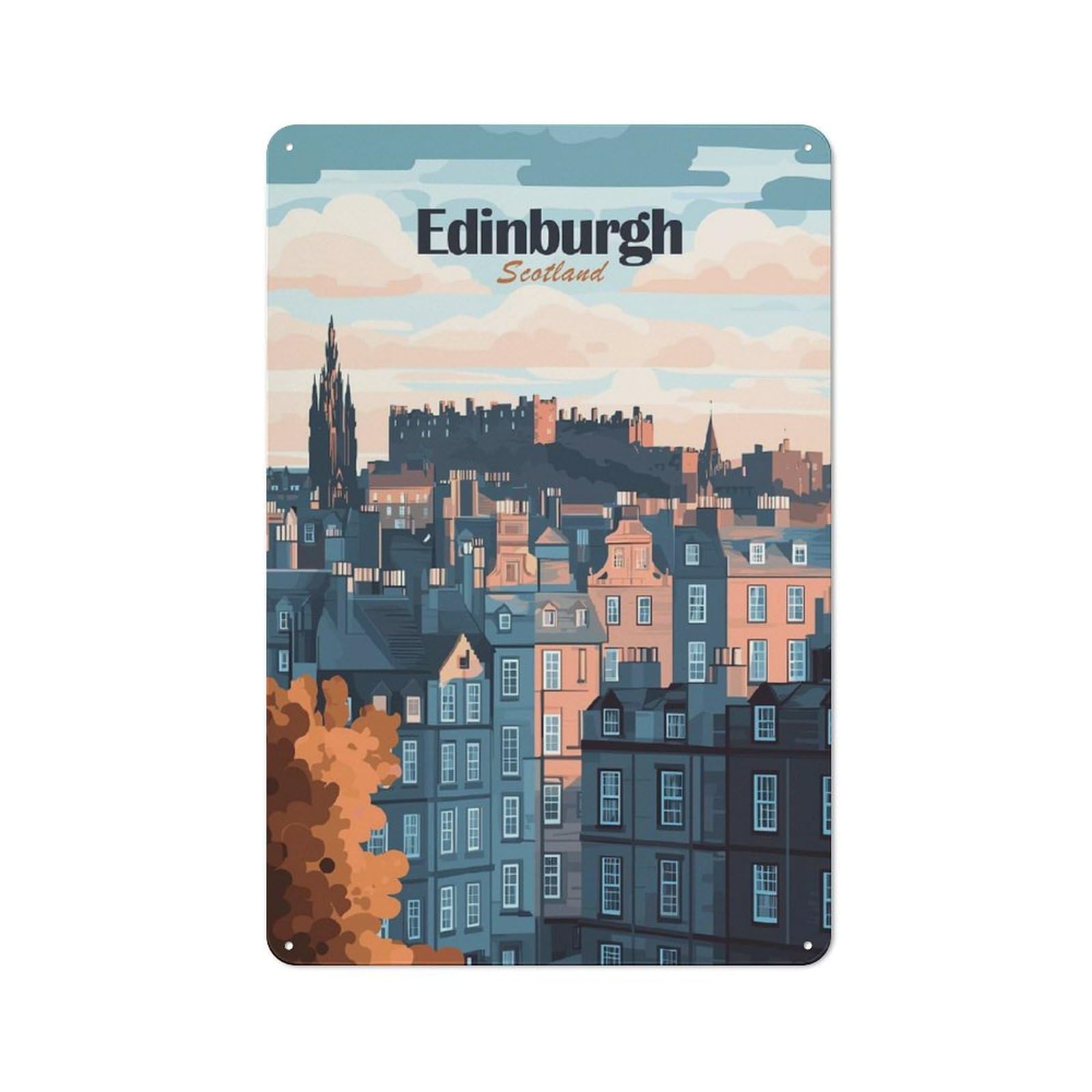 Retro Edinburgh, Scotland Cityscape Illustration Vintage Metal Sign 30x20cm, Room Wall Plaque for Flat, Dorm Room, Lounge Or Cafe