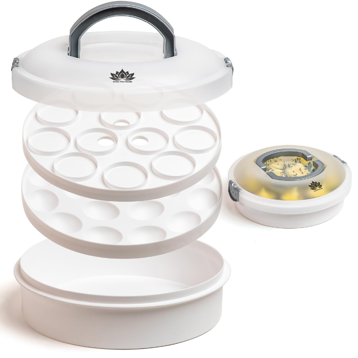 Premium 4 in 1 Cupcake Carrier with Lid - Cupcake, Deviled Egg, Pie & Cake Container - Includes Pie Crust Shield & 12 Silicone Baking Cups