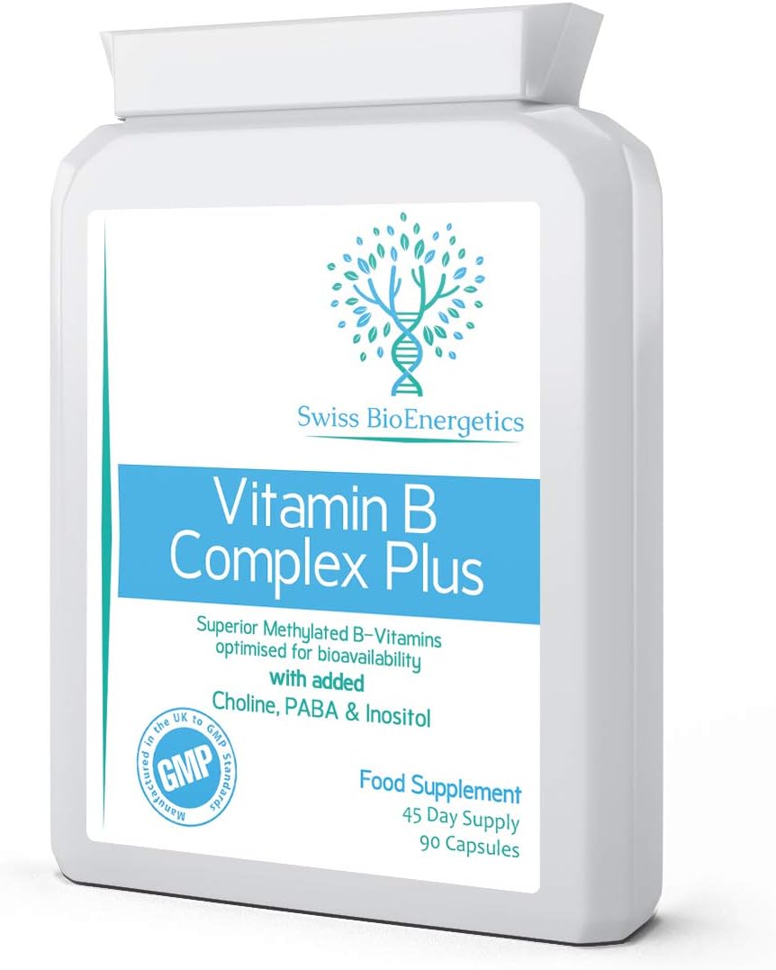 – Vitamin B Complex Plus - 90 Capsules - Superior Methylated Formula with Added Choline, PABA & Inositol - Includes Essential Multi B-Vitamins B1, B2, B3, B5, B6, B12, Biotin & Folate