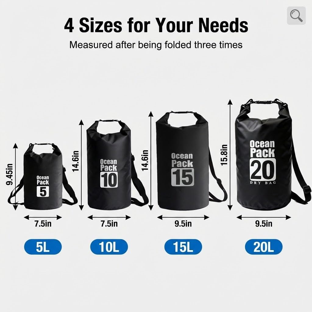 Bolsa seca flotante impermeable de 5L/10L/15L/20L para mujer, mochila ligera y duradera para kayak, natación, camping, senderismo, suave y resistente a la abrasión con cierre enrollable (negro