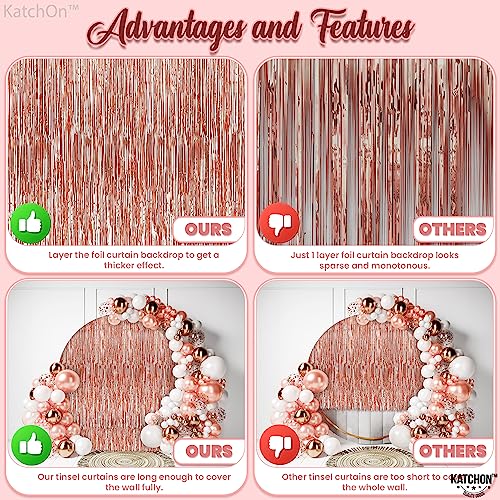 Image of KatchOn, Rose Gold Fringe Curtain - XtraLarge 8x3.2 Feet, Pack of 3 | Rose Gold Backdrop for Bachelorette Party Decor, Graduation Decorations 2025 | Fringe Backdrop for Rosegold Birthday Decorations