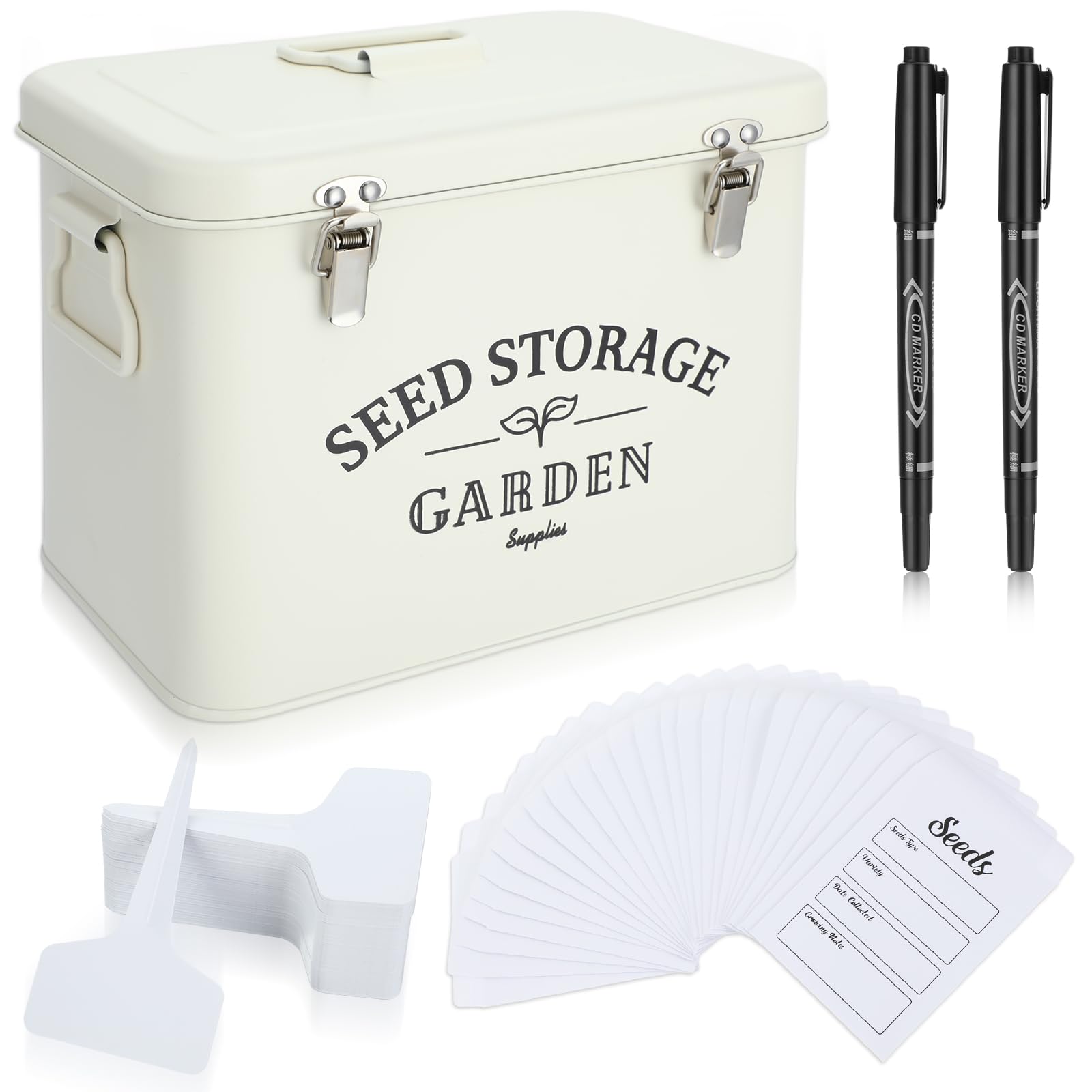 Maitys Seed Storage Container Box with Lid Garden Seed Packet Storage Organizer Decorative with Dividers and 100 Plant Labels 50 Seeding Envelopes 2 Marker Pens(Stylish,8.5 x 5.5 x 6.7)