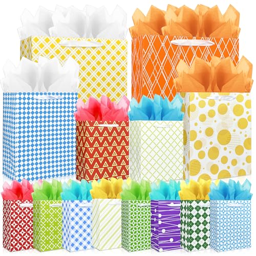 MUMULULU 28 PCS Gift Bags Bulk Assorted Sizes 14 Gift Bags 4 Sizes 14 Tissue Papers 7 Color Perfect for Birthday Wedding Party Holidays 4 Sizes Multiple Color