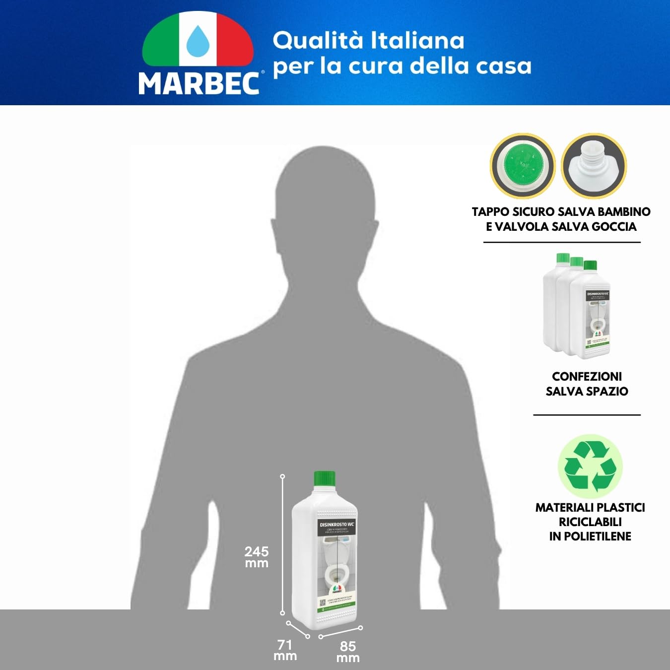 MARBEC DISINKROSTO WC 1LT Disincrostante forte per wc, elimina incrostazioni di calcare e ruggine. Perfetto per wc, cassette e sanitari, garantisce una pulizia profonda ed efficace.