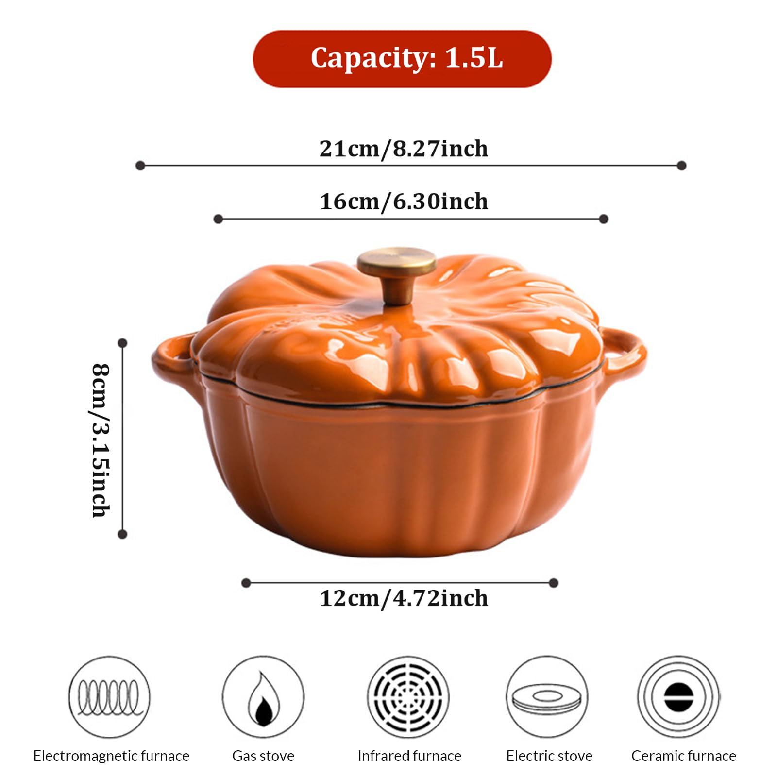 Greenumb Olla de Calabaza, Calabaza Holandesa de Horno con Tapa y Mango de 1,5 litros Antiadherente
