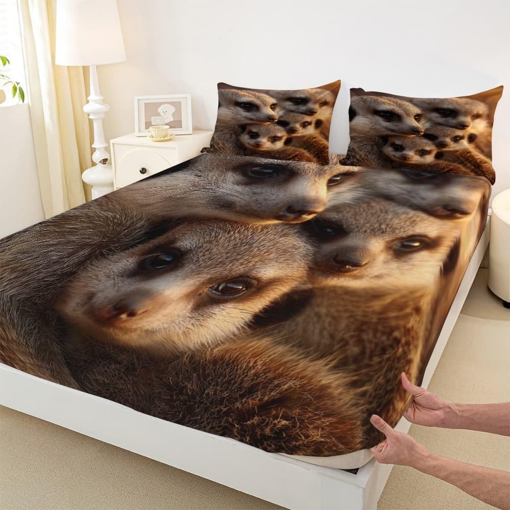 Lot de 3 Draps Housses 200x200 cm Animaux Suricates Doux et Respirant Parure de Lit Draps Housses Brun avec 2 Taies d'oreillers, pour Enfant Adolescent et Adulte