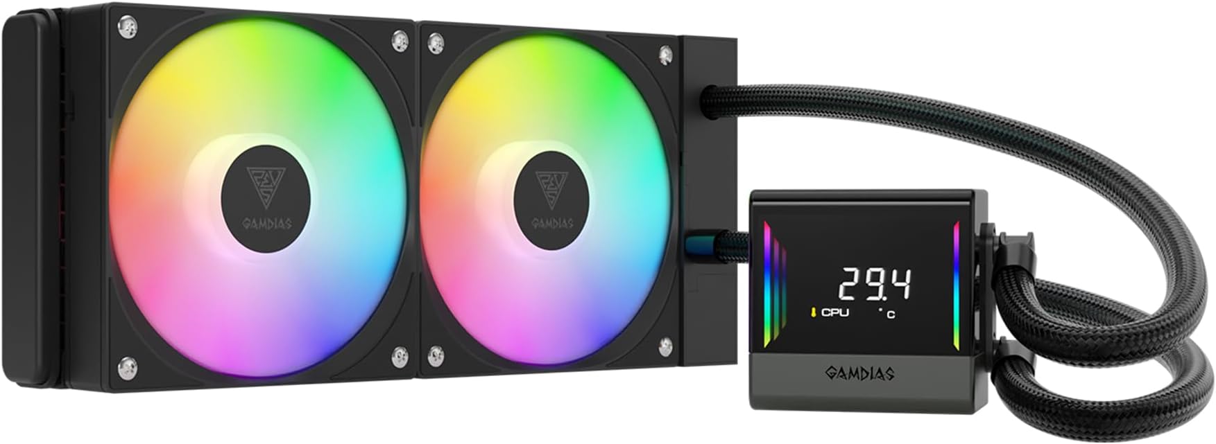 GAMDIAS CHIONE E4 240mm AIO Liquid CPU Cooler, Real-Time Digital Display Patented PWM Pump, 2 x 120mm Easy Cable Management Daisy Chained Fans w/ ARGB Sync, Intel LGA 1851/1700/1200；AMD AM5/AM4, Black