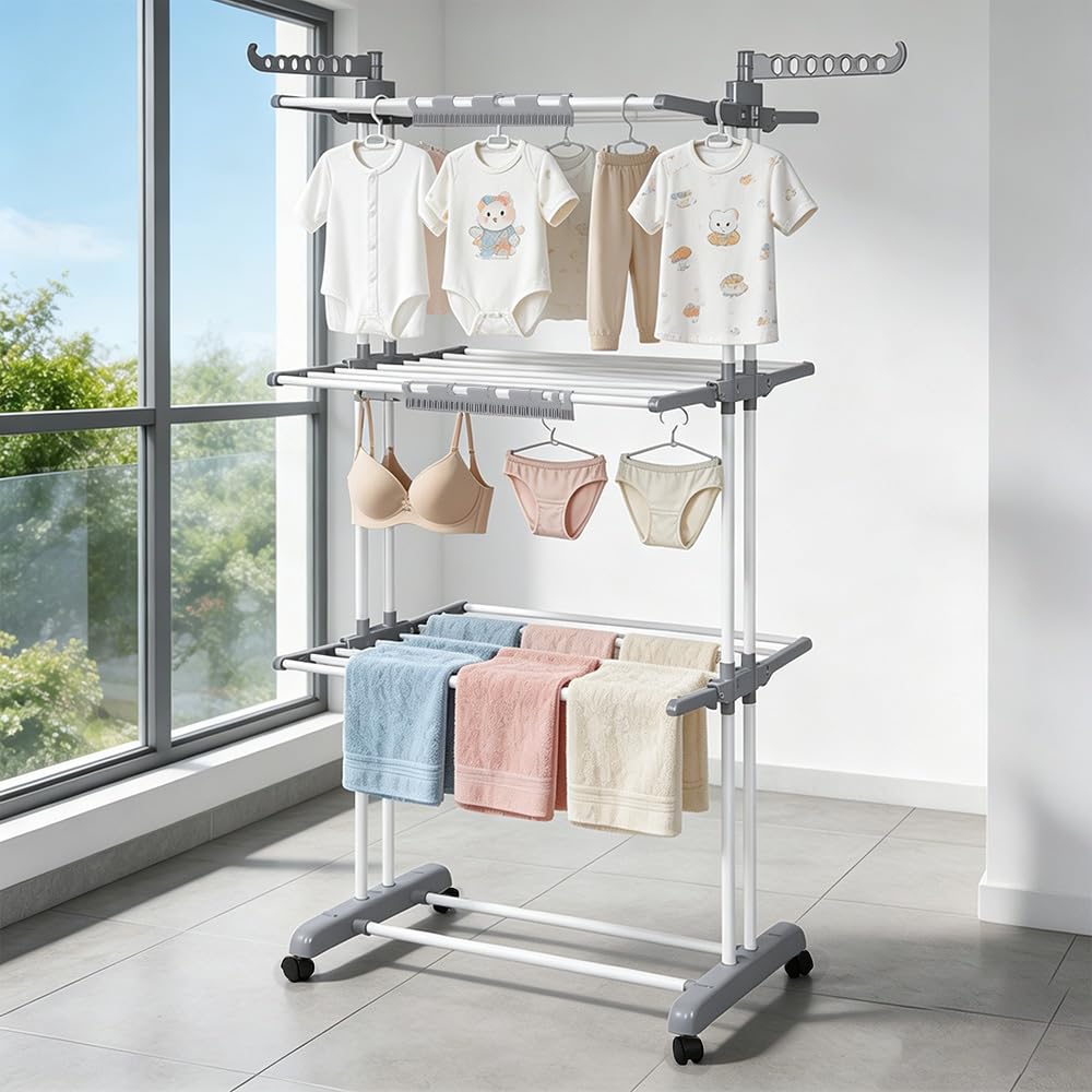 Kedia Stendibiancheria pieghevole con 3 serre, stendibiancheria, interno ed esterno, 75 x 64 x 170 cm (grigio + bianco)