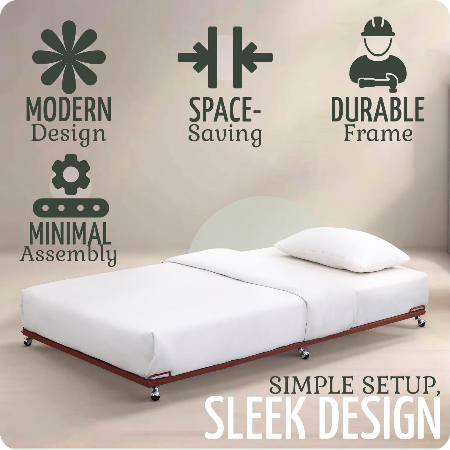 Kings Brand Furniture Twin Metal Trundle Bed Frame with Slats Support & Wheels, Roll-Out Pull Out Bed for Daybed, No Box Spring Needed for Bedroom or Guest Room (Red)