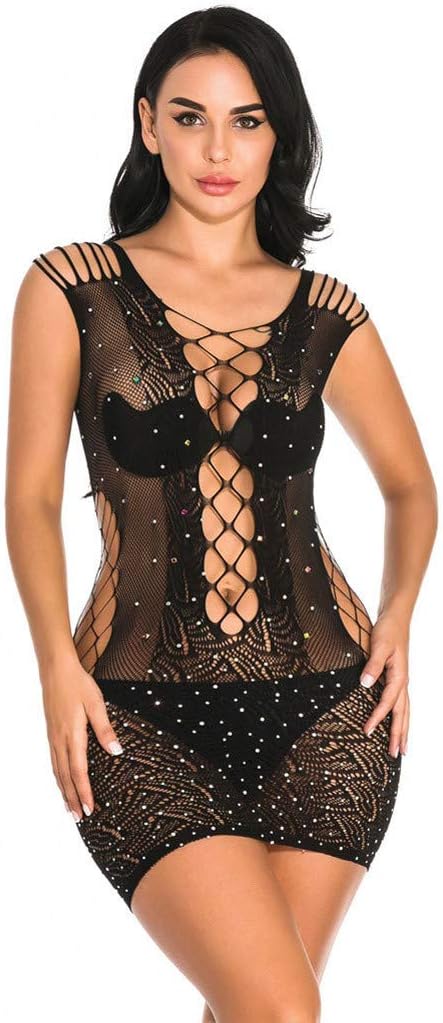 Womens Mesh Bodystockings Transparent Sexy Hollow Enchanting Sleepwear Strap Temptation Underwear Dress Black