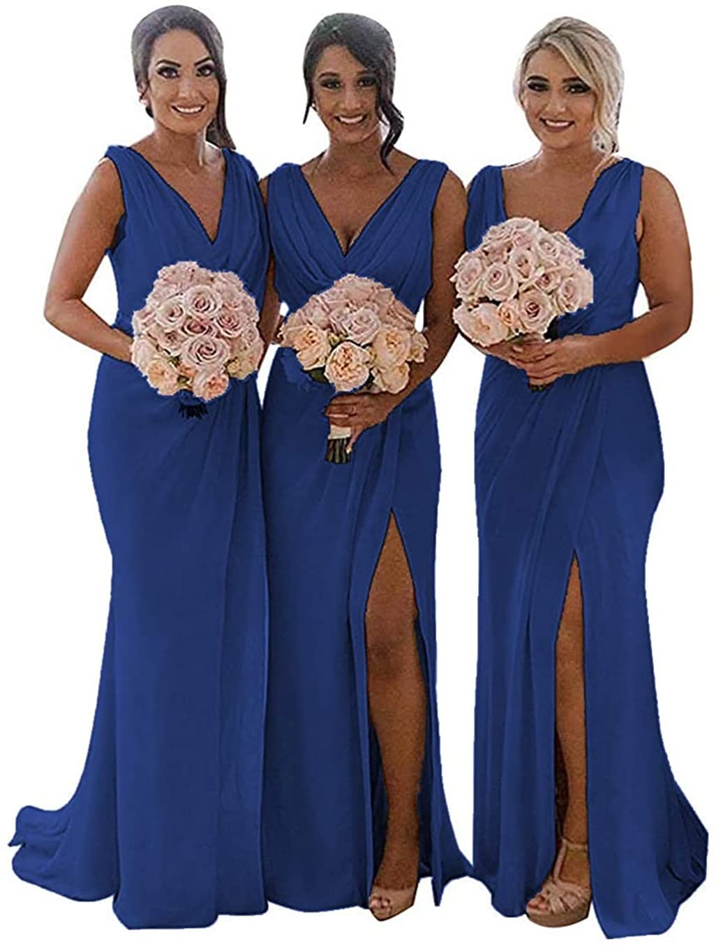 YIANN Royal Blue V Neck Chiffon Bridesmaid Dresses for Wedding Pleated High Slit Formal Evening Party Gowns for Women UK14