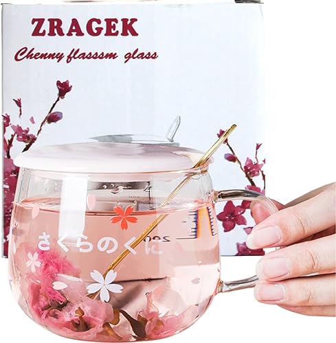 Taza Sakura de vidrio borosilicato transparente, vasos resistentes al calor con tapa de cerámica, taza de café con leche con escala, taza de té de